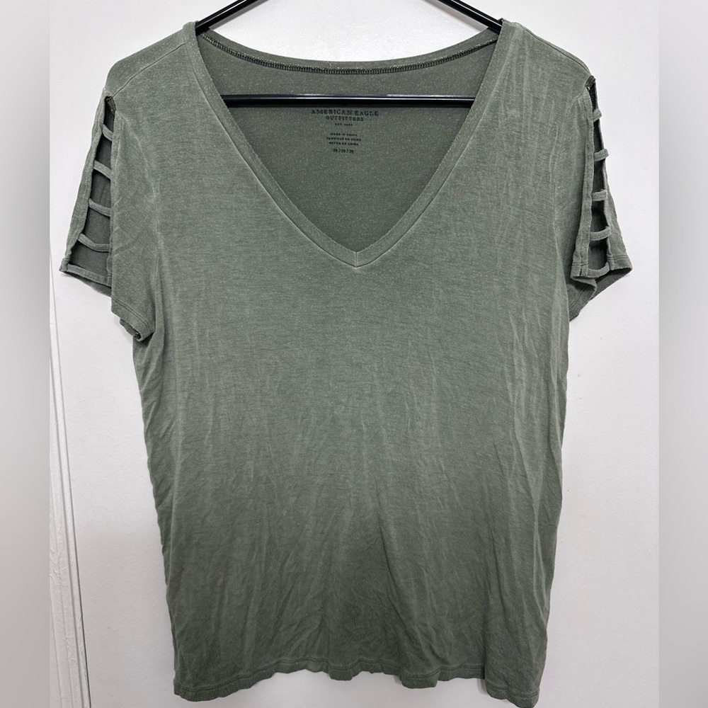 American Eagle Outfitters Olive Green V-Neck Short Sleeve Top